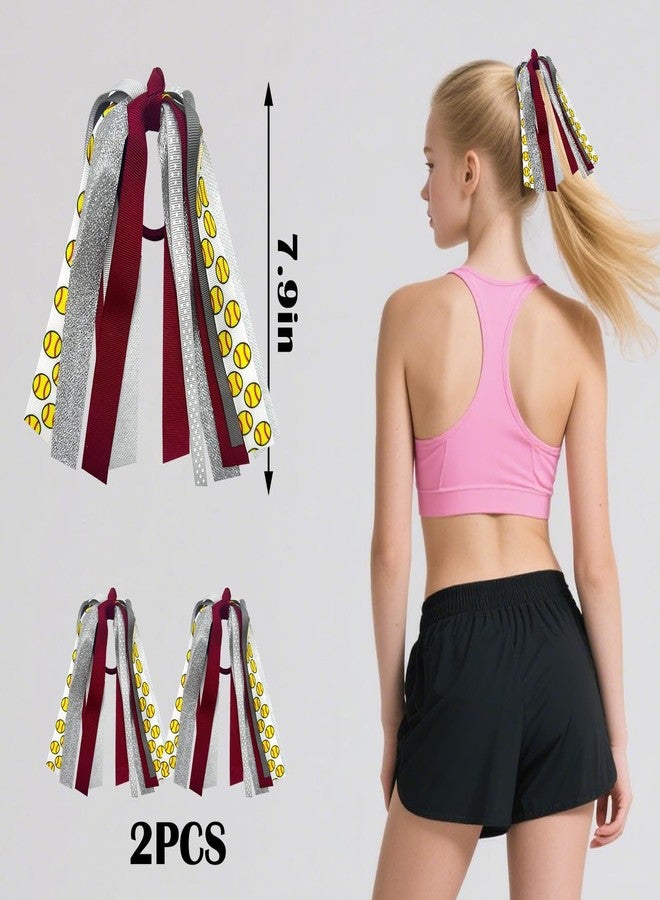 Ftuuo 2pcs Softball Ponytail Holders Hair Ribbons Streamer Yellow Red Glitter Softball Elastic Hair Ties Band Hair Scrunchies Game Day Party Accessories Back School Gift for Women Cheerleader Fans - Image 2